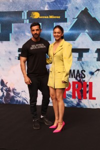 Actors John Abraham, Rakul Preet and Jacqueline Fernandez attend the trailer launch of their new movie ‘Attack’