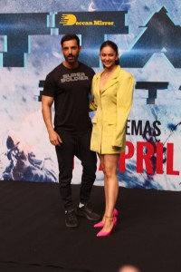 Actors John Abraham, Rakul Preet and Jacqueline Fernandez attend the trailer launch of their new movie ‘Attack’
