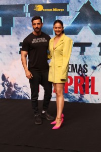 Actors John Abraham, Rakul Preet and Jacqueline Fernandez attend the trailer launch of their new movie ‘Attack’