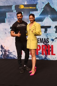 Actors John Abraham, Rakul Preet and Jacqueline Fernandez attend the trailer launch of their new movie ‘Attack’