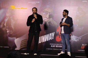 Ajay Devgn, Rakul Preet Singh, Aakanksha Singh and Rohit Shetty attend the trailer launch of their film 'Runway 34'