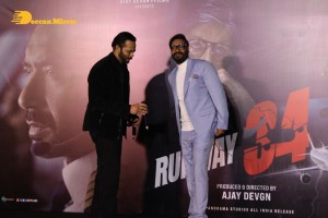 Ajay Devgn, Rakul Preet Singh, Aakanksha Singh and Rohit Shetty attend the trailer launch of their film 'Runway 34'