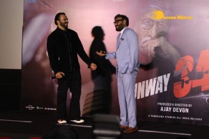 Ajay Devgn, Rakul Preet Singh, Aakanksha Singh and Rohit Shetty attend the trailer launch of their film 'Runway 34'