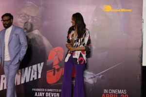Ajay Devgn, Rakul Preet Singh, Aakanksha Singh and Rohit Shetty attend the trailer launch of their film 'Runway 34'