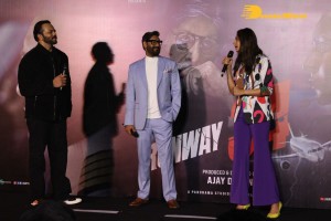 Ajay Devgn, Rakul Preet Singh, Aakanksha Singh and Rohit Shetty attend the trailer launch of their film 'Runway 34'