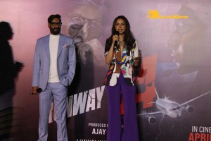 Ajay Devgn, Rakul Preet Singh, Aakanksha Singh and Rohit Shetty attend the trailer launch of their film 'Runway 34'