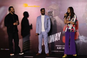 Ajay Devgn, Rakul Preet Singh, Aakanksha Singh and Rohit Shetty attend the trailer launch of their film 'Runway 34'
