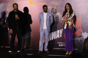Ajay Devgn, Rakul Preet Singh, Aakanksha Singh and Rohit Shetty attend the trailer launch of their film 'Runway 34'