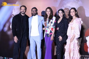 Ajay Devgn, Rakul Preet Singh, Aakanksha Singh and Rohit Shetty attend the trailer launch of their film 'Runway 34'