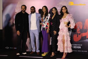 Ajay Devgn, Rakul Preet Singh, Aakanksha Singh and Rohit Shetty attend the trailer launch of their film 'Runway 34'