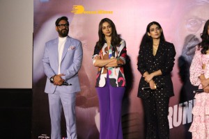 Ajay Devgn, Rakul Preet Singh, Aakanksha Singh and Rohit Shetty attend the trailer launch of their film 'Runway 34'
