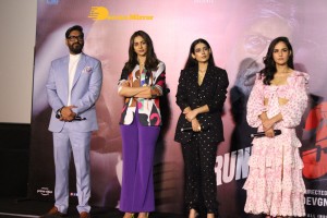 Ajay Devgn, Rakul Preet Singh, Aakanksha Singh and Rohit Shetty attend the trailer launch of their film 'Runway 34'