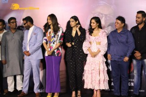 Ajay Devgn, Rakul Preet Singh, Aakanksha Singh and Rohit Shetty attend the trailer launch of their film 'Runway 34'