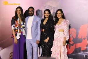 Ajay Devgn, Rakul Preet Singh, Aakanksha Singh and Rohit Shetty attend the trailer launch of their film 'Runway 34'