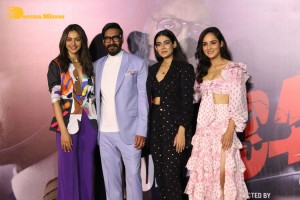 Ajay Devgn, Rakul Preet Singh, Aakanksha Singh and Rohit Shetty attend the trailer launch of their film 'Runway 34'