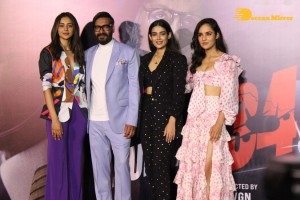 Ajay Devgn, Rakul Preet Singh, Aakanksha Singh and Rohit Shetty attend the trailer launch of their film 'Runway 34'