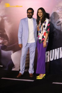 Ajay Devgn, Rakul Preet Singh, Aakanksha Singh and Rohit Shetty attend the trailer launch of their film 'Runway 34'