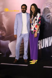 Ajay Devgn, Rakul Preet Singh, Aakanksha Singh and Rohit Shetty attend the trailer launch of their film 'Runway 34'