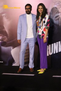 Ajay Devgn, Rakul Preet Singh, Aakanksha Singh and Rohit Shetty attend the trailer launch of their film 'Runway 34'