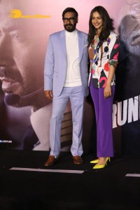 Ajay Devgn, Rakul Preet Singh, Aakanksha Singh and Rohit Shetty attend the trailer launch of their film 'Runway 34'