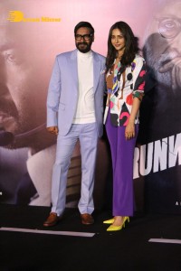 Ajay Devgn, Rakul Preet Singh, Aakanksha Singh and Rohit Shetty attend the trailer launch of their film 'Runway 34'