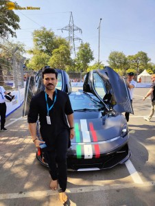 Ram Charan and Sachin Tendulkar attend the Formula E Racing in Hyderabad