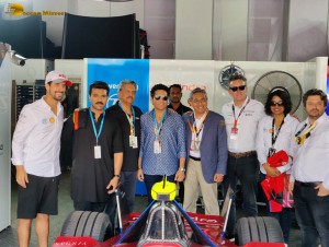 Ram Charan and Sachin Tendulkar attend the Formula E Racing in Hyderabad