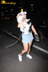 Indian TV Actress Rashami Desai was spotted with her cute furry friend at Mumbai Airport