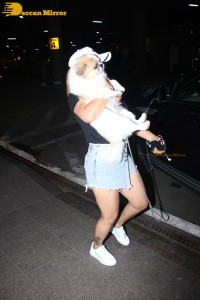 Indian TV Actress Rashami Desai was spotted with her cute furry friend at Mumbai Airport