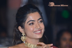 Telugu Actress Rashmika Mandanna dressed in a Red Saree at Sultan Pre Release Event