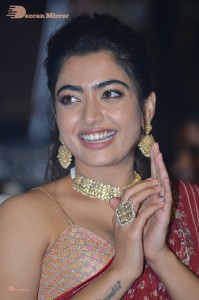 Telugu Actress Rashmika Mandanna dressed in a Red Saree at Sultan Pre Release Event
