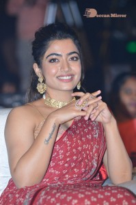 Telugu Actress Rashmika Mandanna dressed in a Red Saree at Sultan Pre Release Event