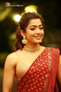 Telugu Actress Rashmika Mandanna dressed in a Red Saree at Sultan Pre Release Event
