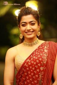 Telugu Actress Rashmika Mandanna dressed in a Red Saree at Sultan Pre Release Event