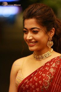 Telugu Actress Rashmika Mandanna dressed in a Red Saree at Sultan Pre Release Event