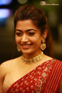Telugu Actress Rashmika Mandanna dressed in a Red Saree at Sultan Pre Release Event