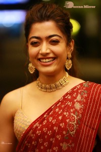 Telugu Actress Rashmika Mandanna dressed in a Red Saree at Sultan Pre Release Event