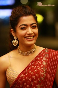 Telugu Actress Rashmika Mandanna dressed in a Red Saree at Sultan Pre Release Event