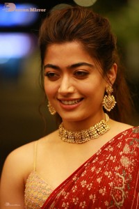 Telugu Actress Rashmika Mandanna dressed in a Red Saree at Sultan Pre Release Event