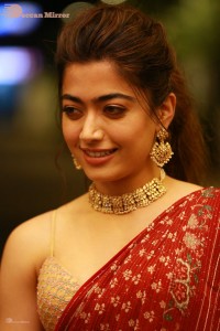 Telugu Actress Rashmika Mandanna dressed in a Red Saree at Sultan Pre Release Event