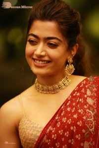 Telugu Actress Rashmika Mandanna dressed in a Red Saree at Sultan Pre Release Event