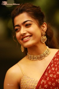 Telugu Actress Rashmika Mandanna dressed in a Red Saree at Sultan Pre Release Event