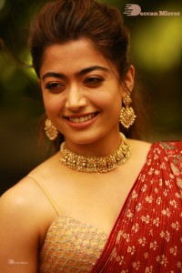 Telugu Actress Rashmika Mandanna dressed in a Red Saree at Sultan Pre Release Event