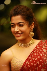 Telugu Actress Rashmika Mandanna dressed in a Red Saree at Sultan Pre Release Event