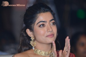 Telugu Actress Rashmika Mandanna dressed in a Red Saree at Sultan Pre Release Event