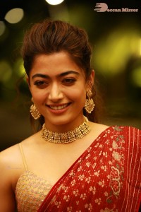 Telugu Actress Rashmika Mandanna dressed in a Red Saree at Sultan Pre Release Event