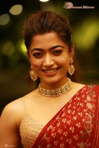 Telugu Actress Rashmika Mandanna dressed in a Red Saree at Sultan Pre Release Event