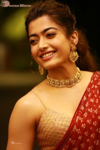 Telugu Actress Rashmika Mandanna dressed in a Red Saree at Sultan Pre Release Event