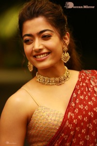 Telugu Actress Rashmika Mandanna dressed in a Red Saree at Sultan Pre Release Event