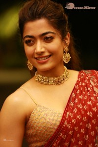 Telugu Actress Rashmika Mandanna dressed in a Red Saree at Sultan Pre Release Event